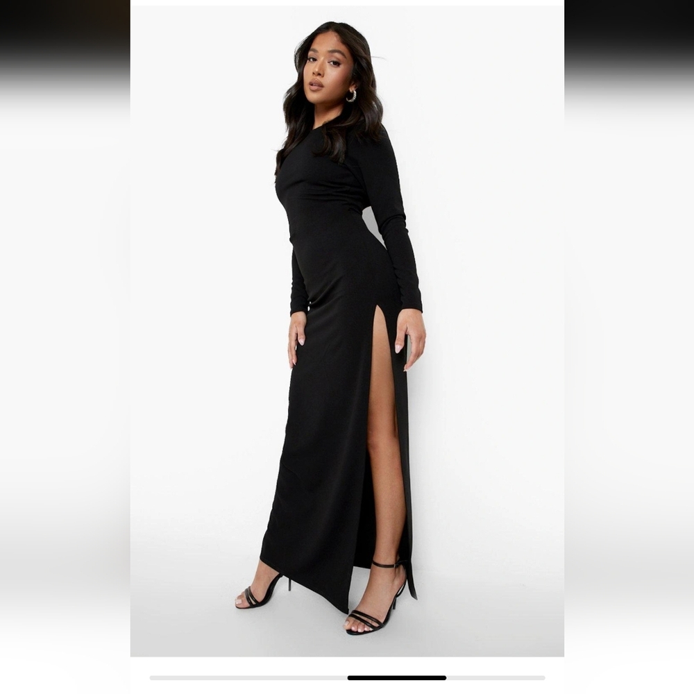 Boohoo Elegant Black Square Plunge Back Maxi Dress With Thigh Slit - Picture 4 of 11